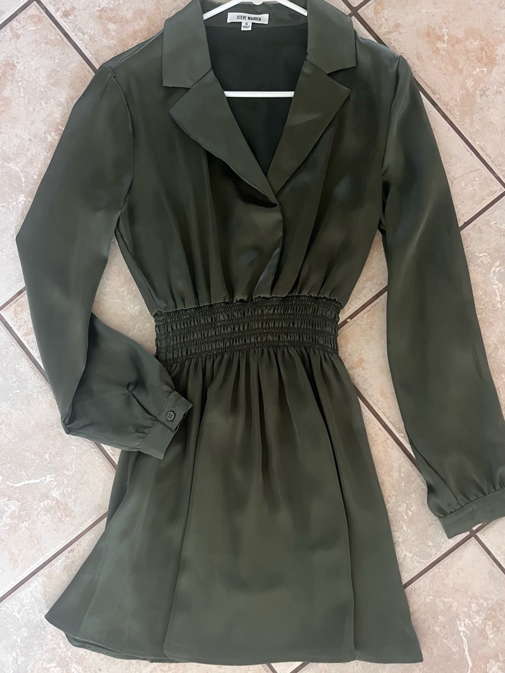 Steve Madden Dark Olive Long Sleeve Shirred-Waist Mini Dress